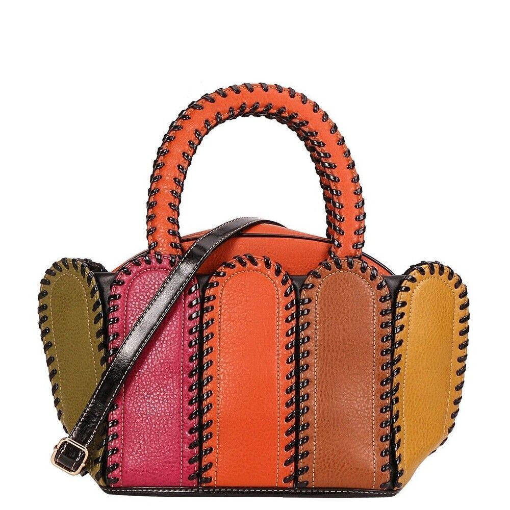 Womens Patchwork Orange Color Block Handbags Purse Top Handle Bags Stitching - Picture 2 of 3